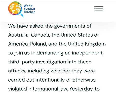 World Central Kitchen Demands an Independent Investigation .
